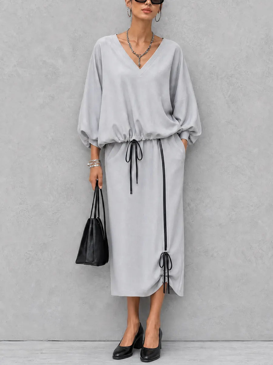 Women's Casual Commuter Light Gray Cotton Blend V-Neck Lantern Sleeve Top And Drawstring Midi Skirt Set MDZ1030G1GMJ