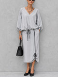 Women's Casual Commuter Light Gray Cotton Blend V-Neck Lantern Sleeve Top And Drawstring Midi Skirt Set MDZ1030G1GMJ