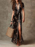 Vintage Floral Print Button-Front Wrap Maxi Dress With Contrast Trim