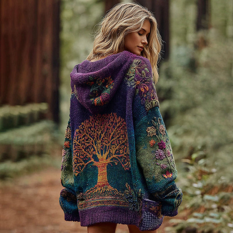 Women's Floral And Life Of Tree Zipper Knitted Cozy Hooded Cardigan