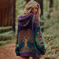 Women's Floral And Life Of Tree Zipper Knitted Cozy Hooded Cardigan