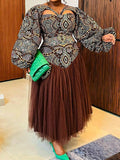 Floral Printed Hollow Long Sleeves Puff Sleeves Round-Neck Maxi Dresses