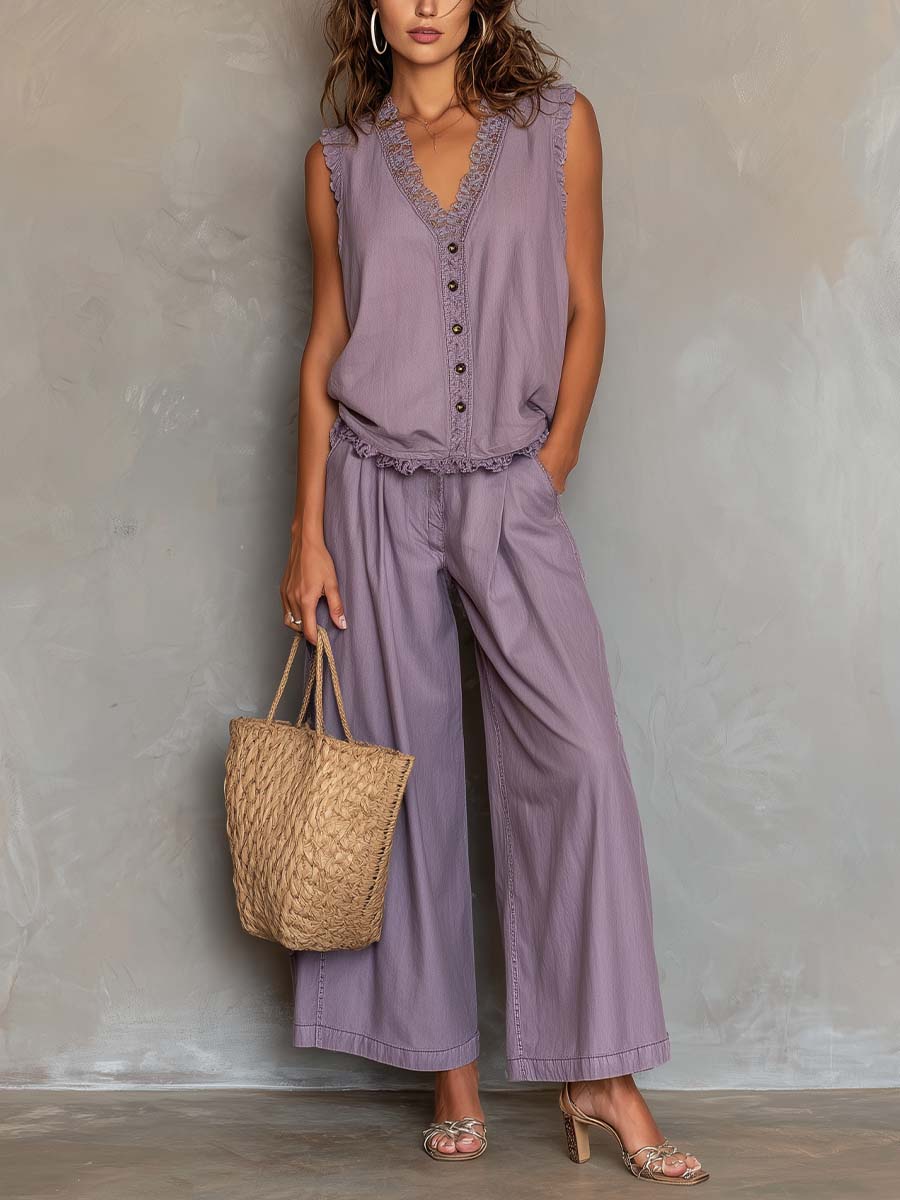 Casual Tencel Sleeveless Button-Front Top & Wide-Leg Pants Set