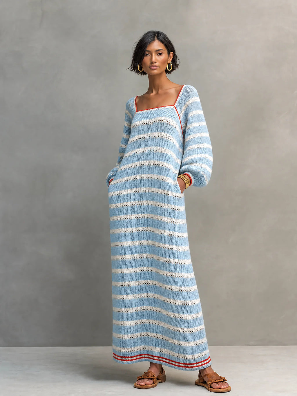 Women's Minimalist Striped Square-Neck Long-Sleeve Maxi Sweater Dress MDZ2707G0WY