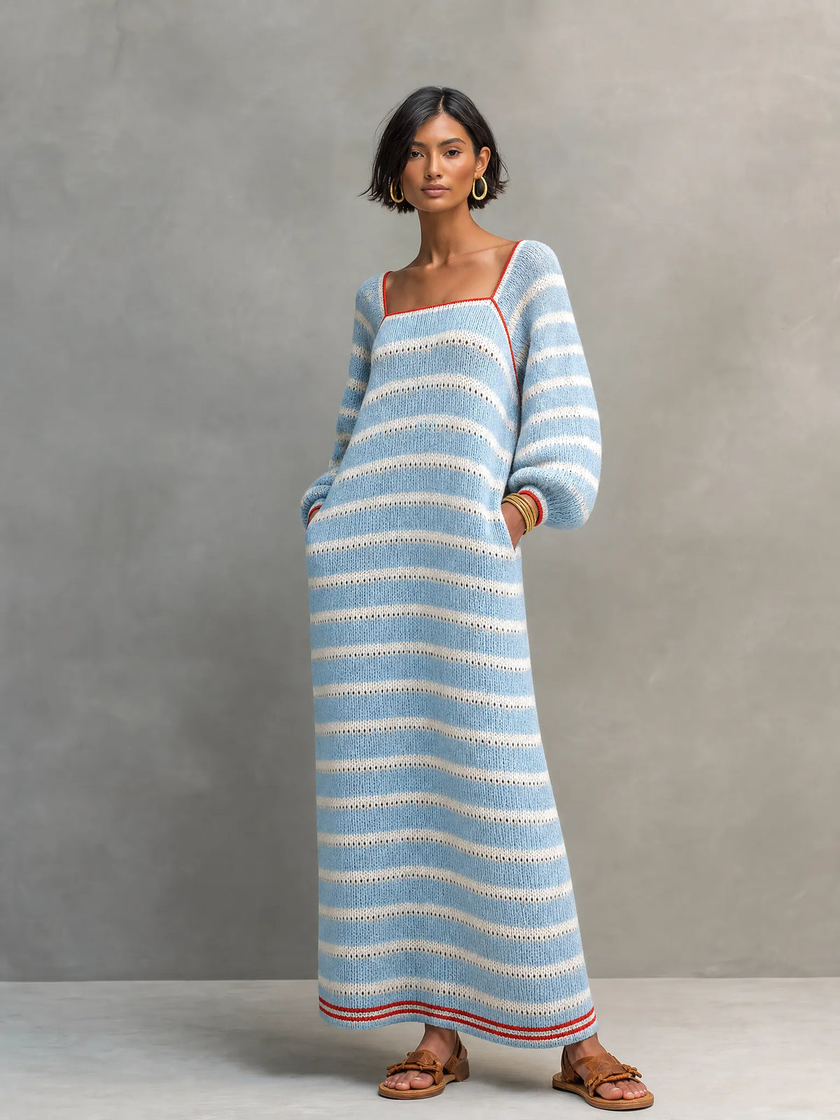 Women's Minimalist Striped Square-Neck Long-Sleeve Maxi Sweater Dress MDZ2707G0WY