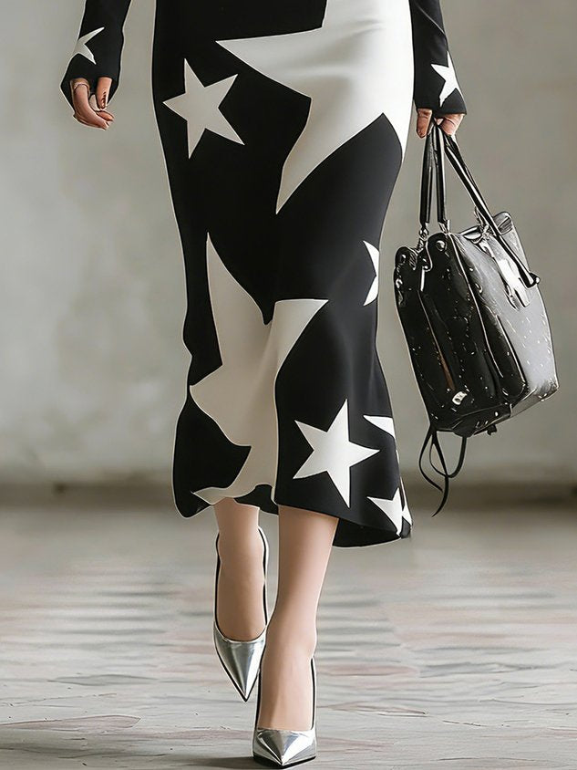 Casual Star Printing Shawl Collar Midi Dress