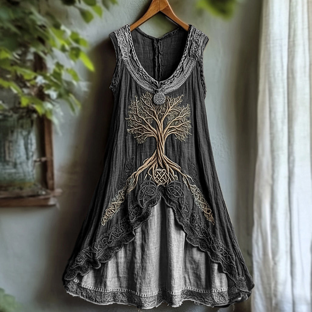 Tribal Viking Life Of Tree Celtic Knot Lace Art Linen Tank Dress