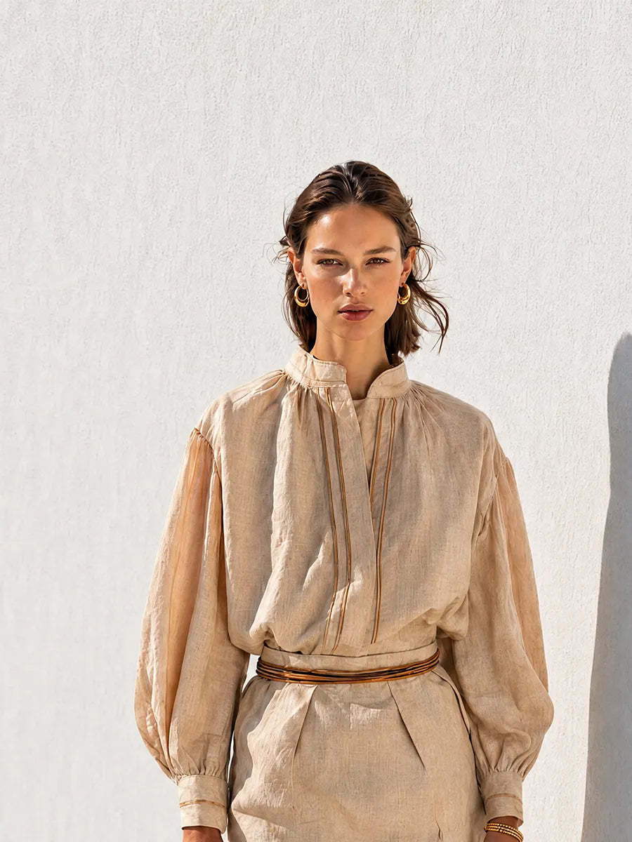Women's Resort-Style Oatmeal Stand-Collar Bishop-Sleeve Belted Relaxed Linen Mini Dress MDZ1051G4CMX
