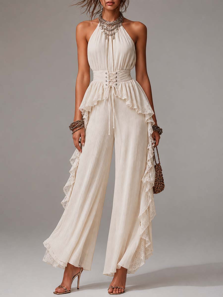 Cream Crinkled Chiffon Lace Ruffled Halter Wide-Leg Jumpsuit