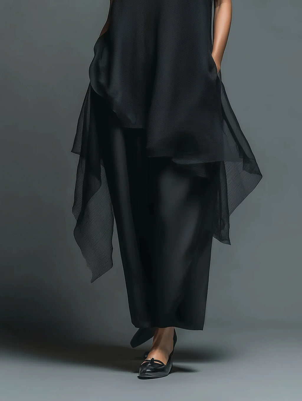 Momocco Avant-Garde 2-Piece Set - Sheer Mesh Layered Chiffon Maxi Dress in Midnight Black