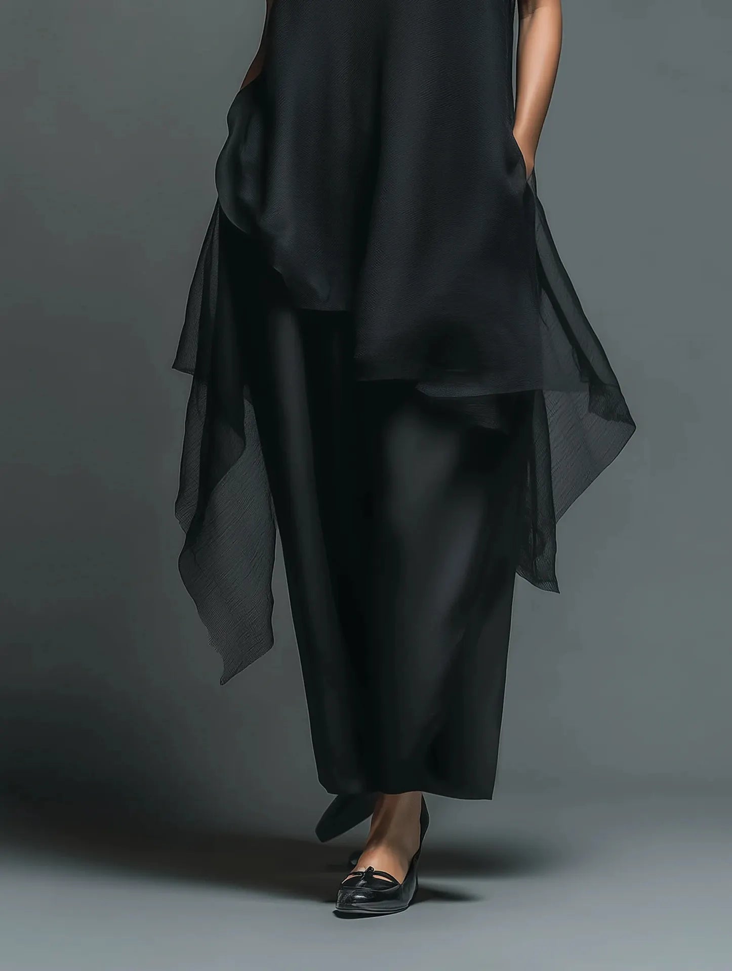 Momocco Avant-Garde 2-Piece Set - Sheer Mesh Layered Chiffon Maxi Dress in Midnight Black