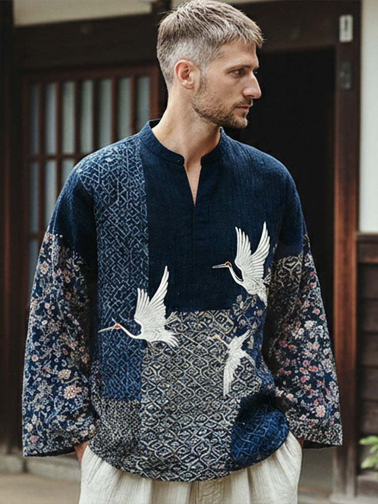 Japanese Floral And Crane Art Print Casual Linen Shirt