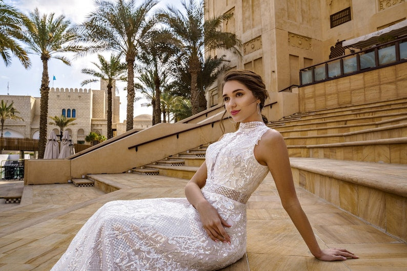 Wedding Dress, White Bridal Dress, Deep V Neck Tulle Wedding Gown, Boho Beach Wedding Dress, Illusion Lace Ruffle Sleeves Formal Gown