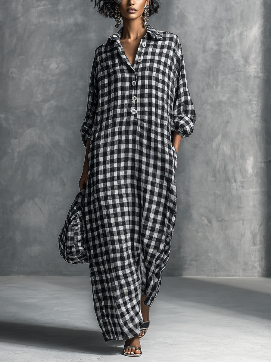 Women's Casual Black And White Checkered Shirt-style Long Dress MDZ0924B4BA