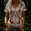 Women's Vintage Halloween Skull And Rose Art V-neck Short Sleeve T-shirt