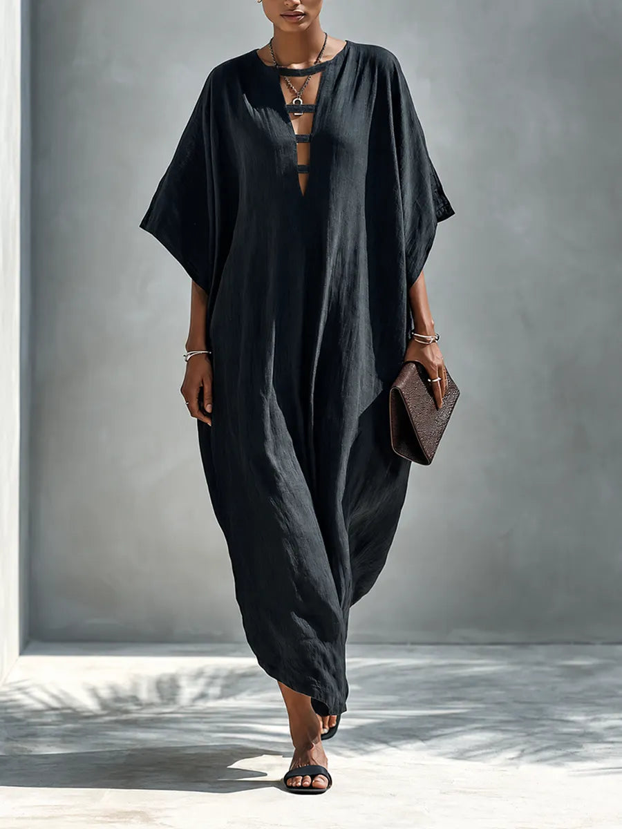 Women's Solid Black Linen Maxi Dress With Deep V-Neck And Slit MDZ0315G8ZRK