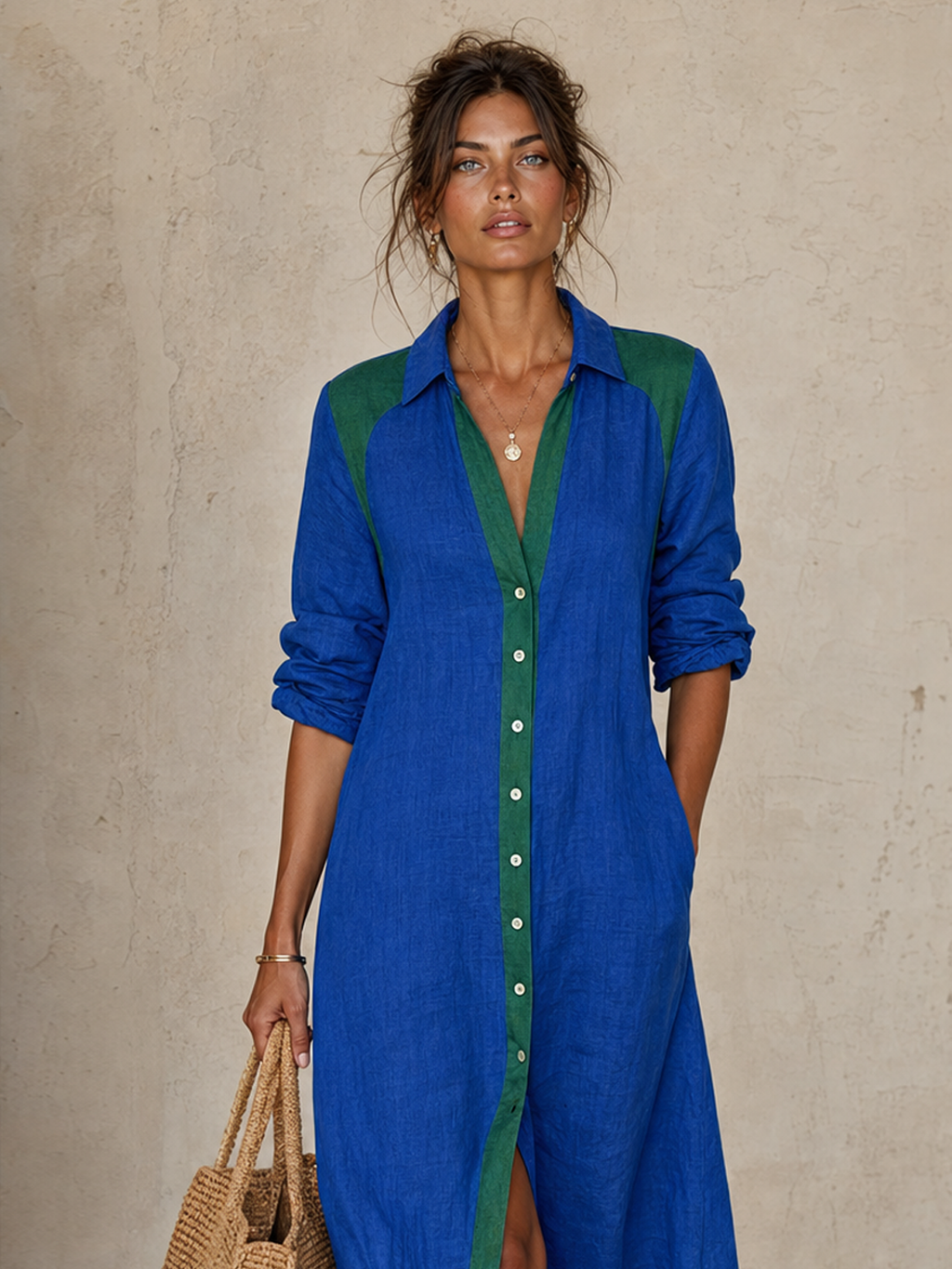 Women's Minimalist Color-Block Single-Breasted Long-Sleeve Midi Shirt Dress MDZ0899G3WY