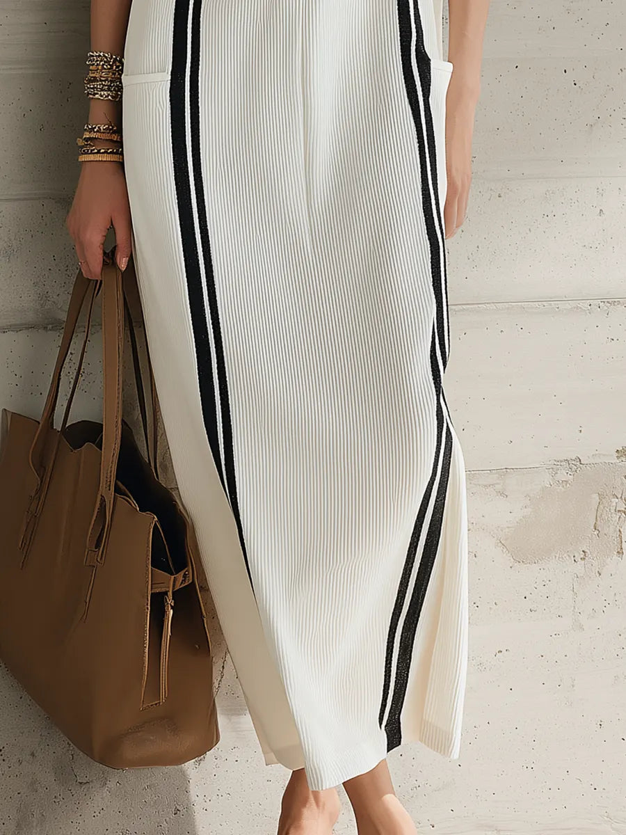 Elegant White Stripe Pleated Polo Maxi Dress