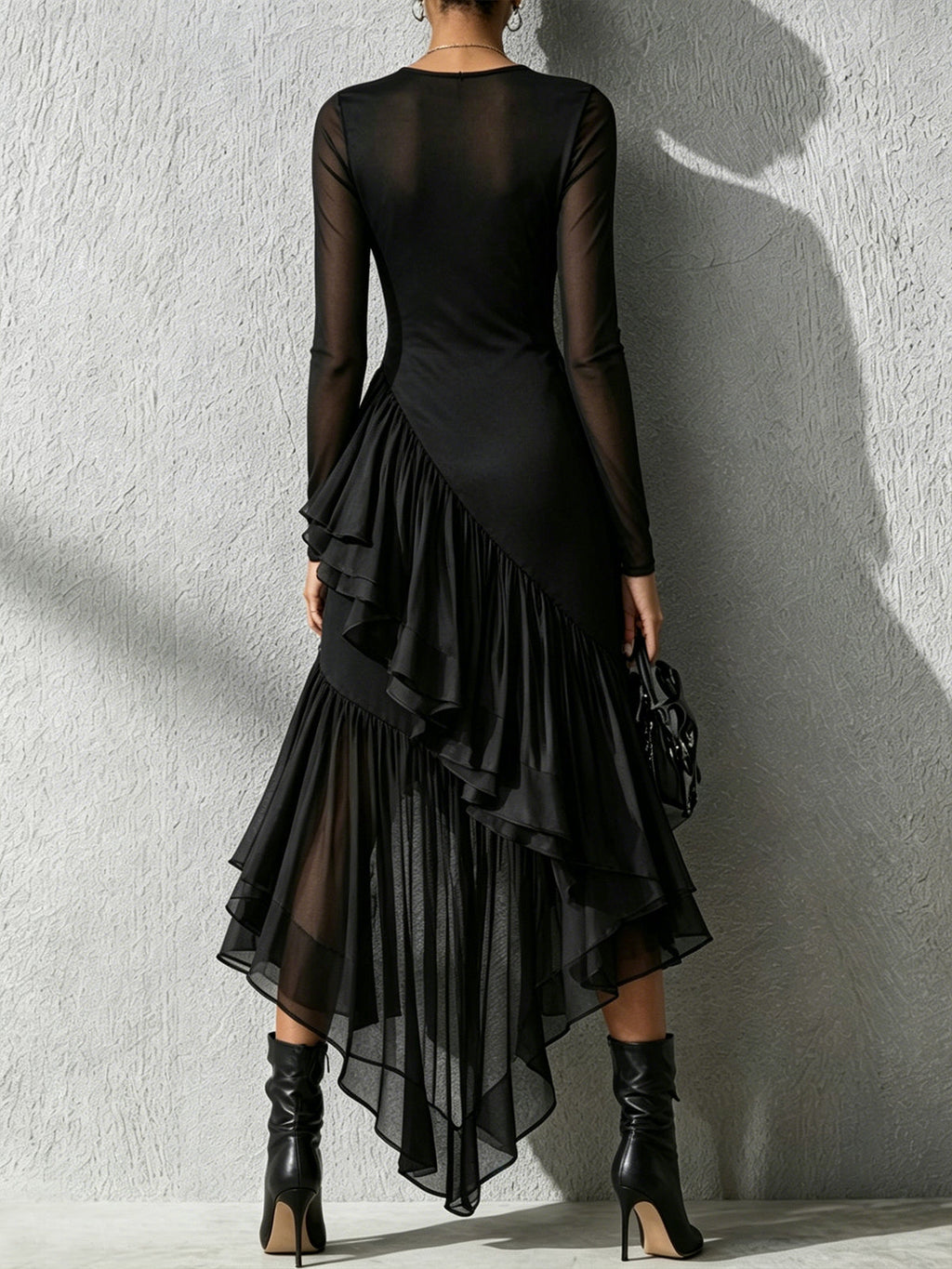 Black Zebra Print Mesh Sleeve Ruffle Hem Midi Dress