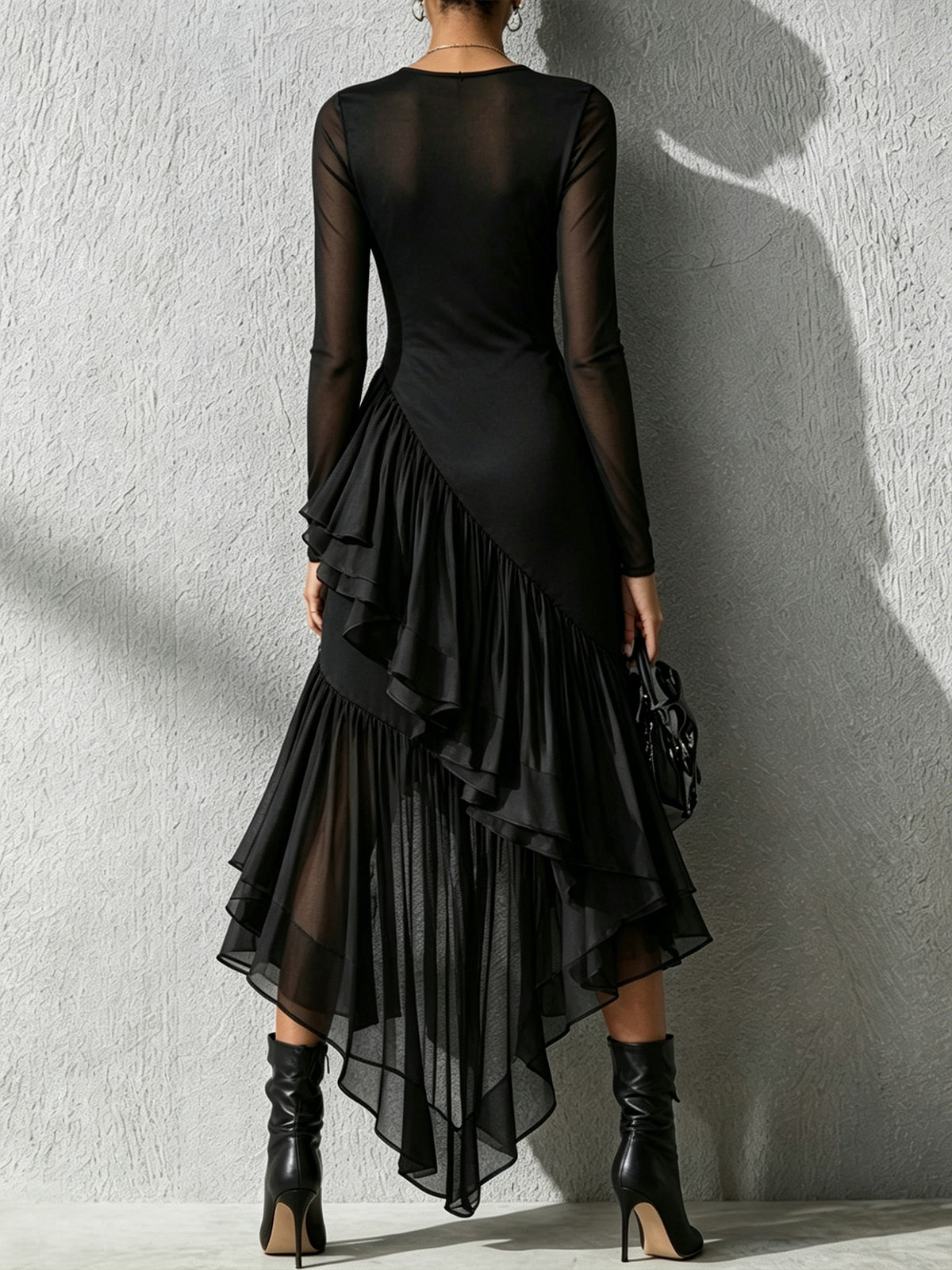 Black Zebra Print Mesh Sleeve Ruffle Hem Midi Dress