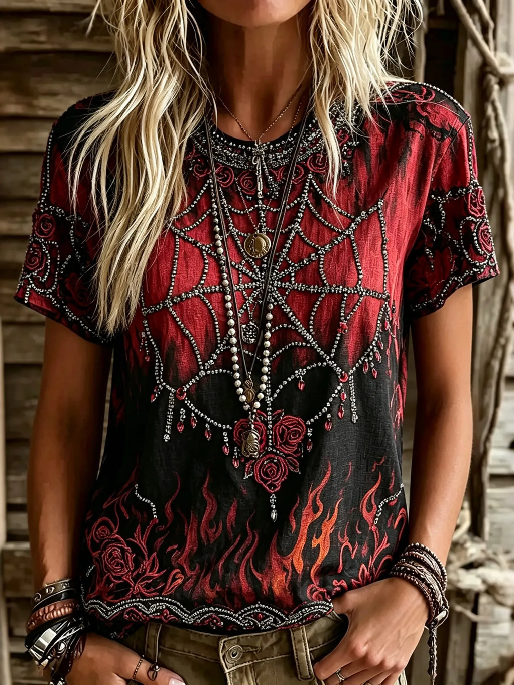 Women's  Vintage Spider Flower Embroidery Short Sleeve Top
