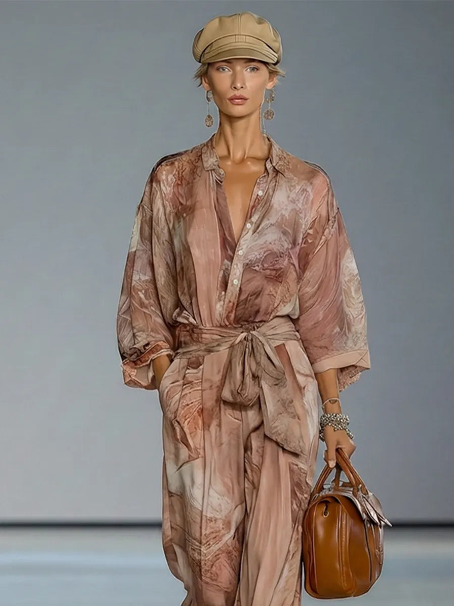 Women's Dusty Pink Print Chiffion Jumpsuit With Collared Half Placket & Self Tie Waist Belt, Modern Elegant Vacation Full Length Jumpsuit MDZ0113G4LYL