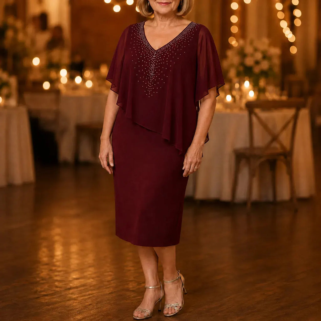 Velora – Rhinestone Look V-Neck Chiffon Like Cape Midi Dress