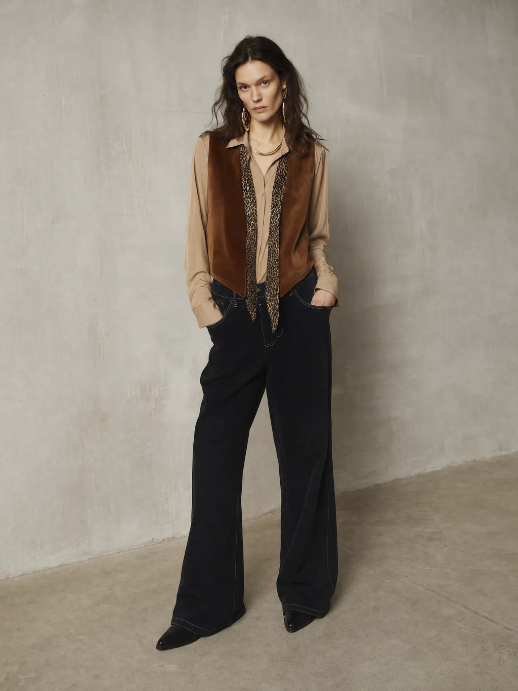Refined Camel Suede Leopard Accent Two-Piece Set