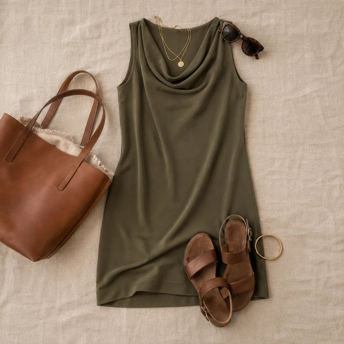 Solvea – Cowl Neck Shift Dress, Sleeveless Mini with Side Pockets