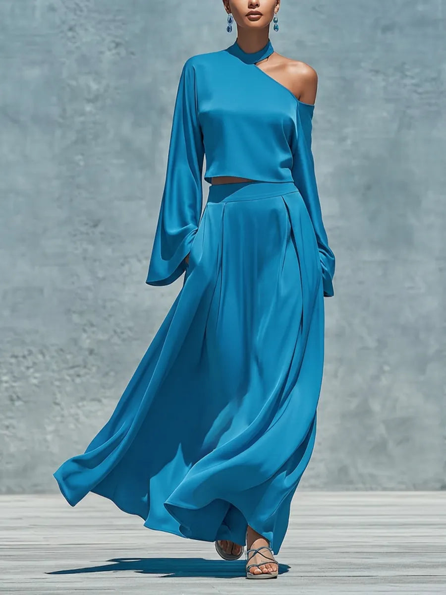 Women’s Blue Satin One Shoulder Halter Bell Sleeve Cropped Top & High Waist Pleated Flowy Maxi Skirt Two Piece Matching Set MDZ0207G7T