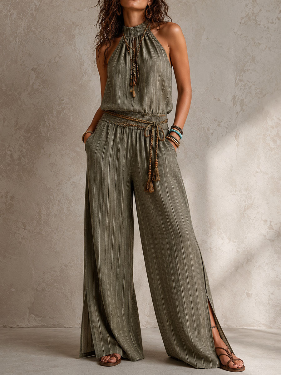 Bohemian Olive Stripe Smocked Waist Halter Wide-Leg Jumpsuit