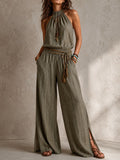 Bohemian Olive Stripe Smocked Waist Halter Wide-Leg Jumpsuit