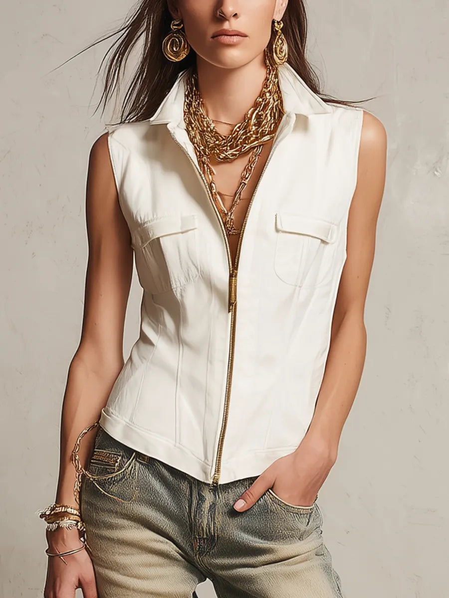 Ivory White Zippered Sleeveless Fitted Bohemian Vest