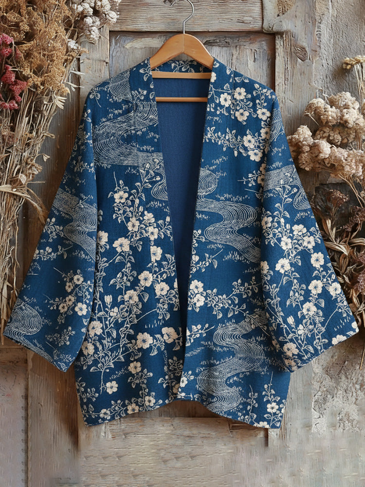 Retro Japanese Traditional Sashiko With Floral Art Print Cotton And Linen Blend Kimono Cardigan