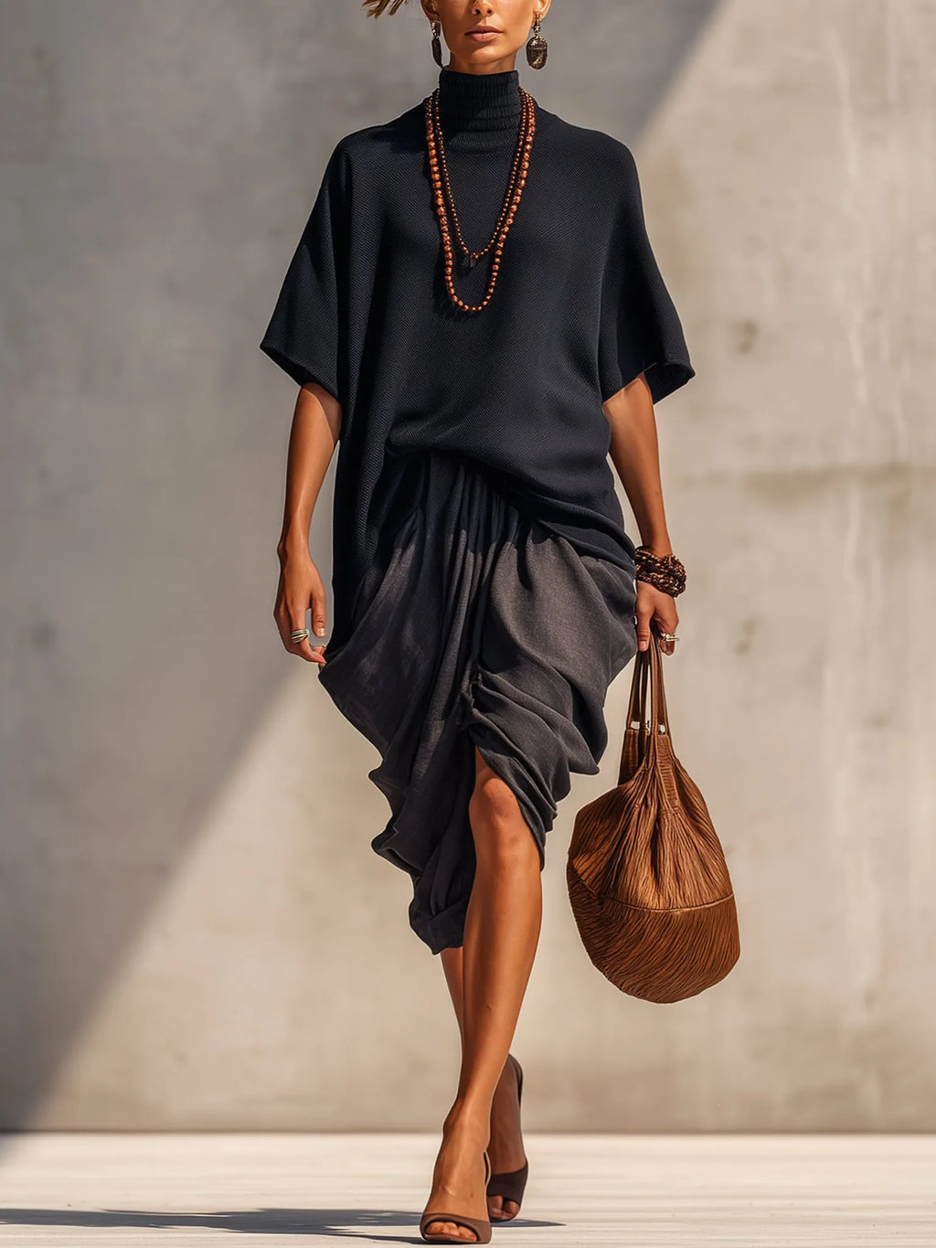 Black Knit Top And Gray Linen Draped Skirt Set