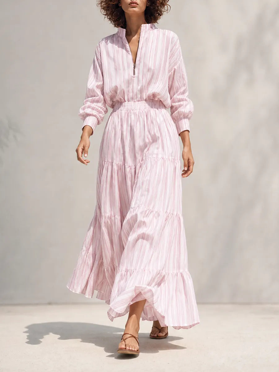 Women's Resort-Style Pink-and-White Striped Stand-Collar Zip Long-Sleeve Cinched-Waist Maxi Dress MDZ1621G5CMX