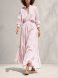 Women's Resort-Style Pink-and-White Striped Stand-Collar Zip Long-Sleeve Cinched-Waist Maxi Dress MDZ1621G5CMX