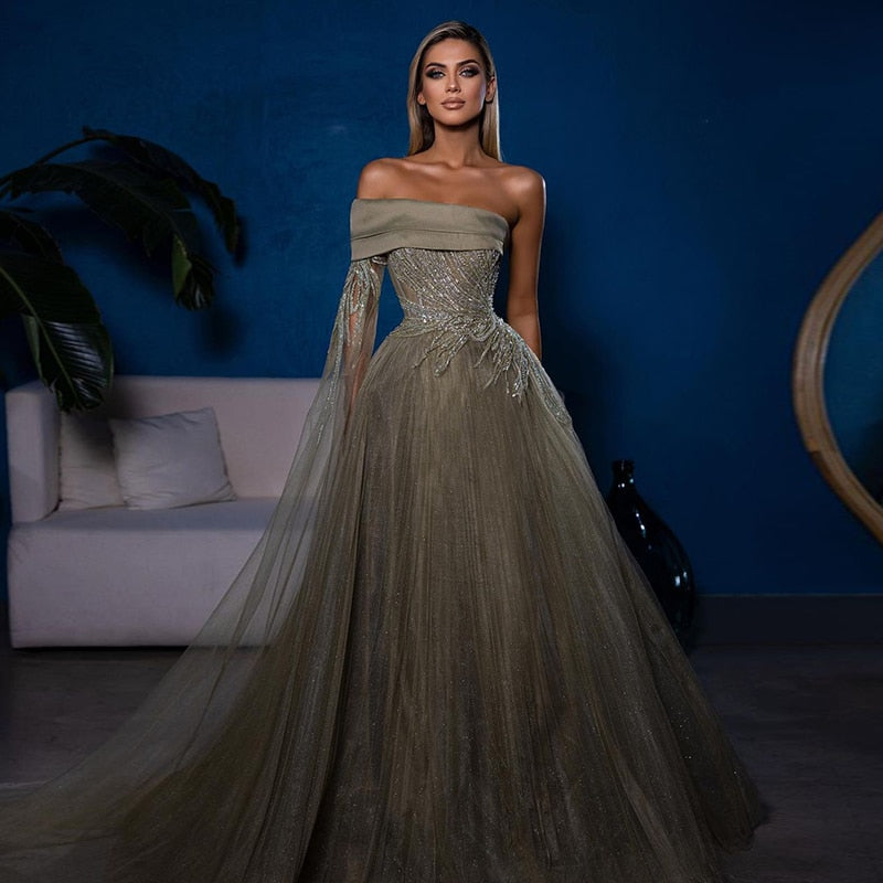 Dreamy Vow Olive Green Luxury Dubai Evening Dress with One Sleeve Beaded Arabic Women Formal Party Dresses for Wedding 330