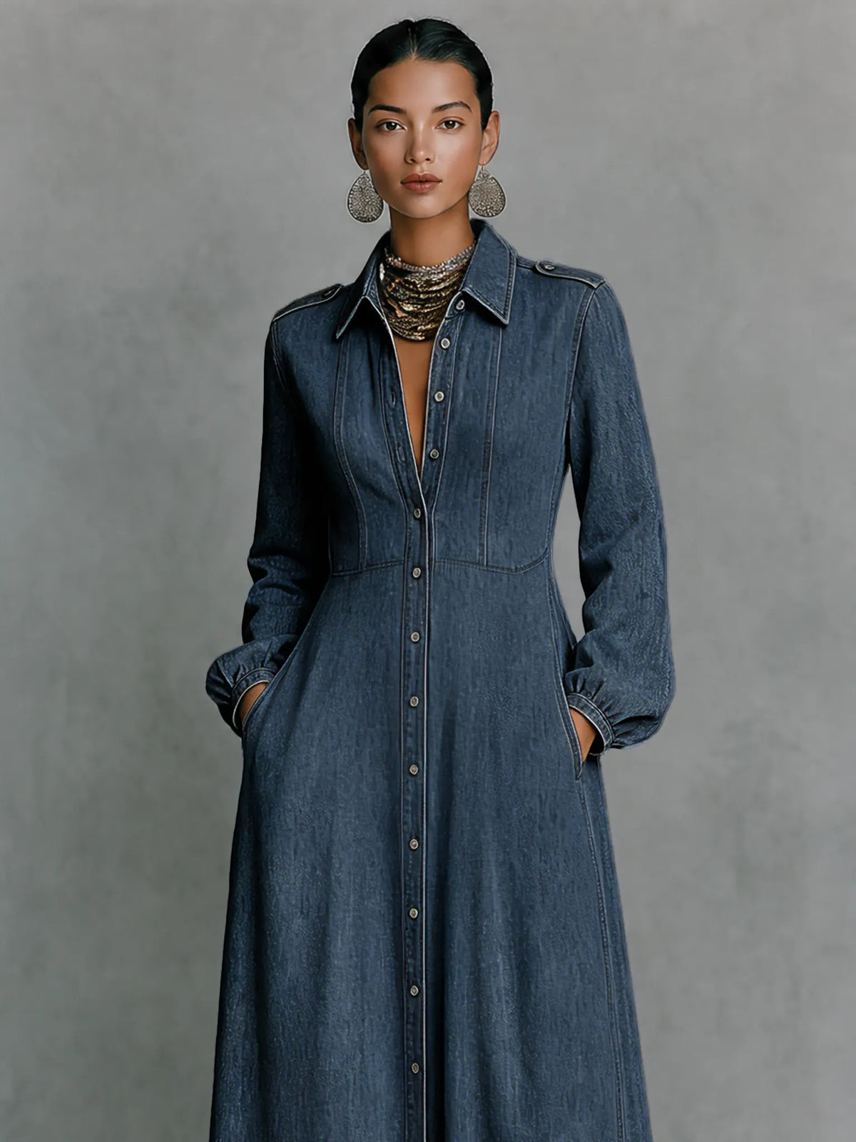 Women's Minimalist Long-Sleeve Denim Maxi Dress With Collar And Epaulettes MDZ0893G9WY