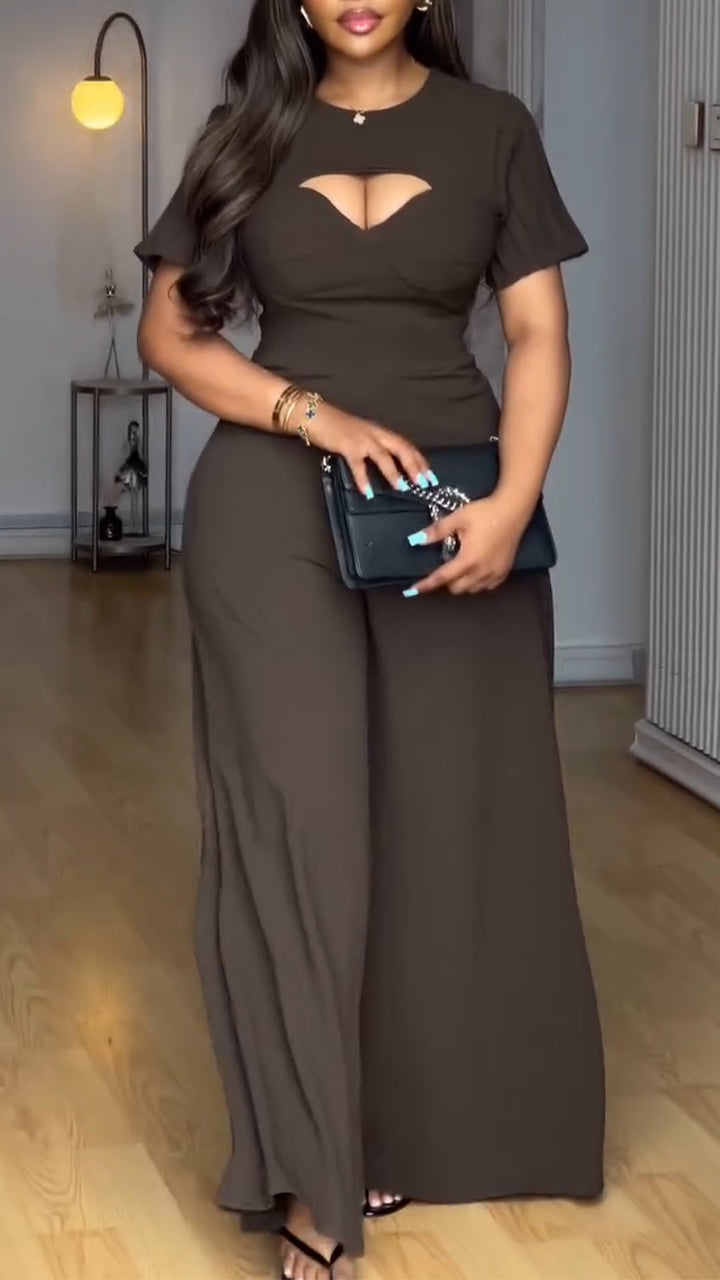 Women Round Neck Hollow Out Temperament Casual Wide Leg Jumpsuit