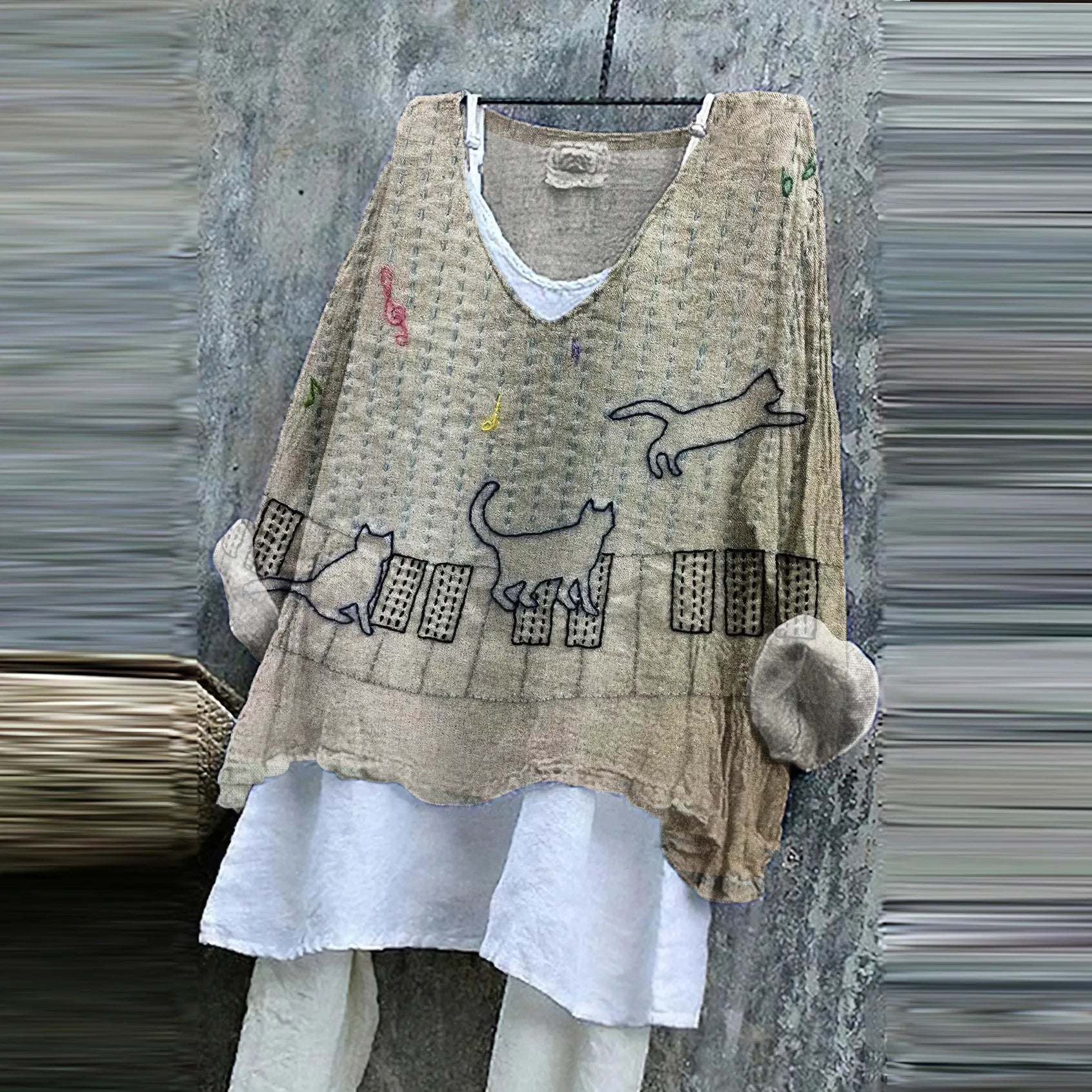 Vintage Cat Japanese Embroidery Art Linen Blend Tunic