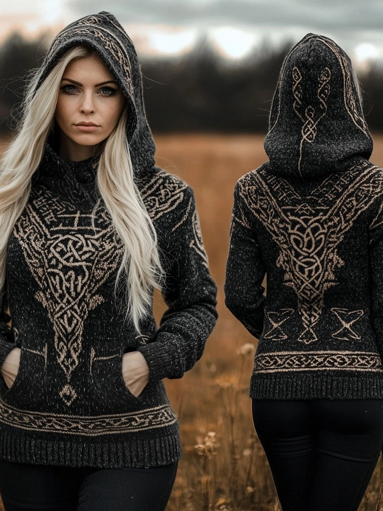 Vintage Viking Vegvisir Celtic Jacquard Hooded Sweater