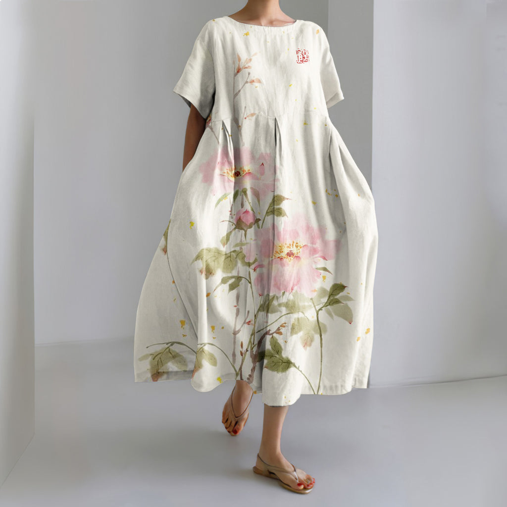 Peony Print Round Neck Short Sleeve Midi Dress