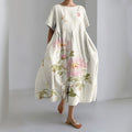 Peony Print Round Neck Short Sleeve Midi Dress