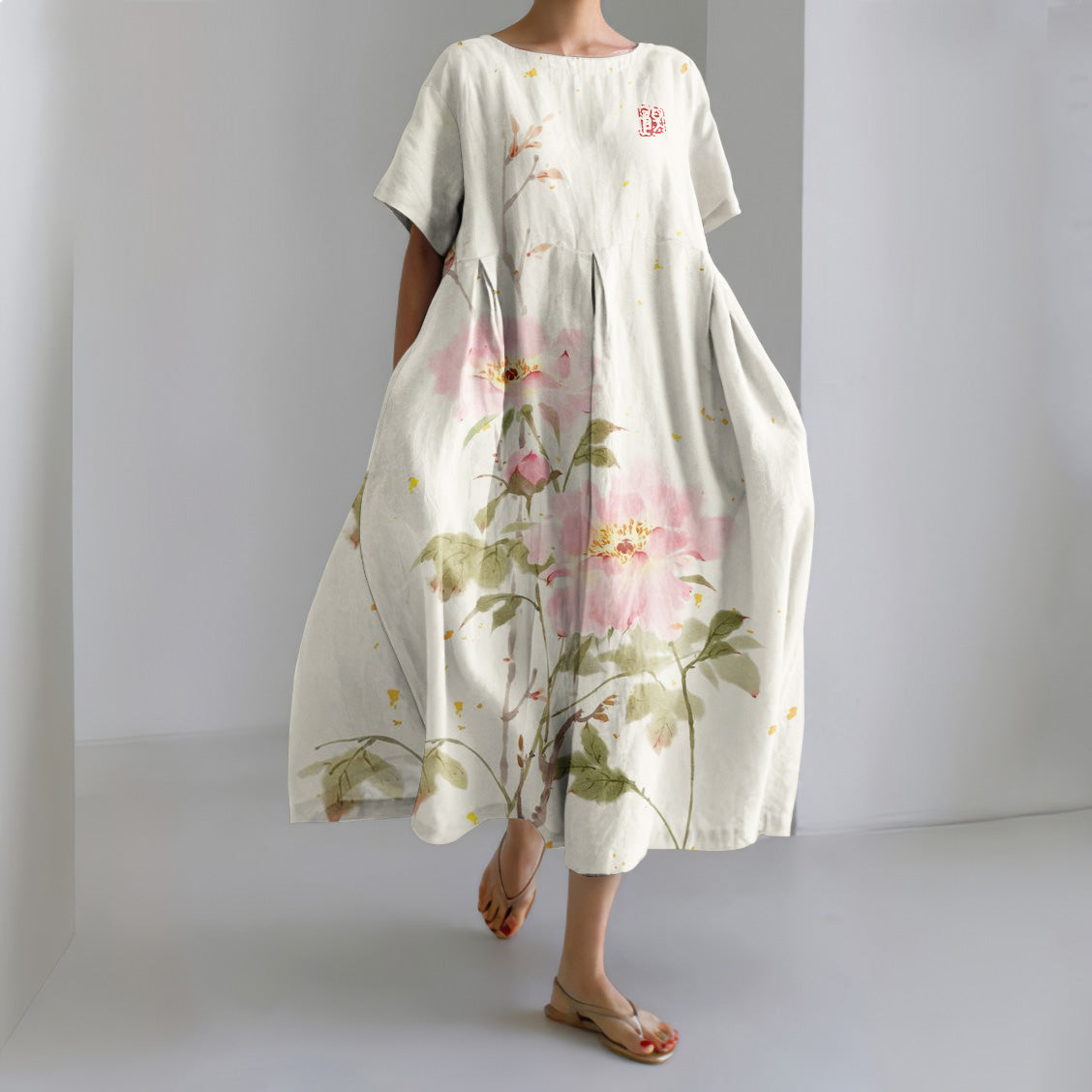 Peony Print Round Neck Short Sleeve Midi Dress
