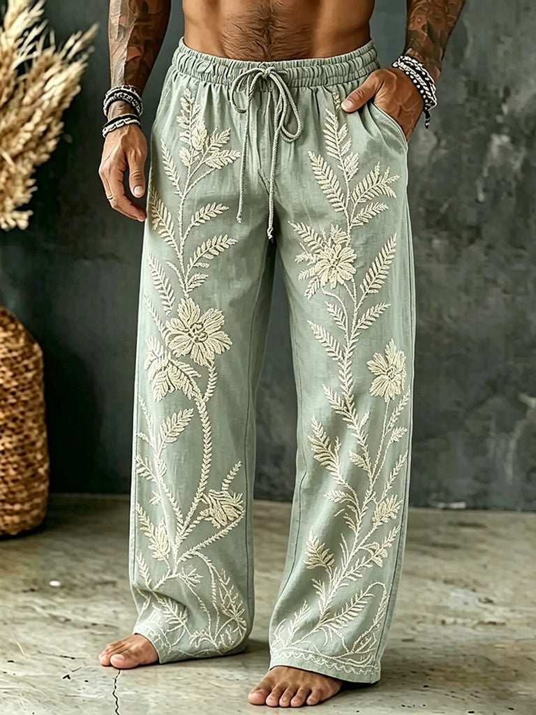 Men's Vintage Spring Floral Embroidered Art Print Flowy Linen Blend Casual Pants