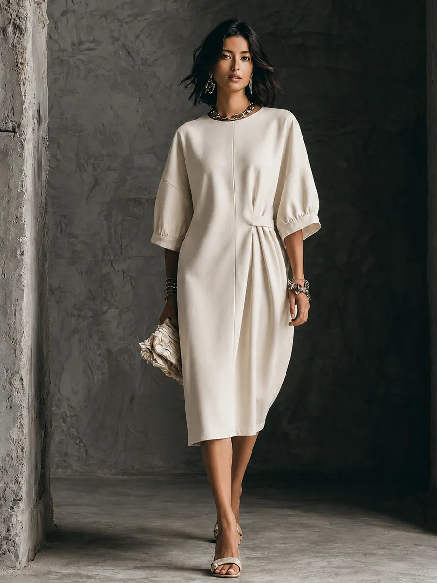 Women's Minimalist Ivory Cotton Blend Draped Waist Puff Sleeve Midi Dress MDZ1747G7GMJ