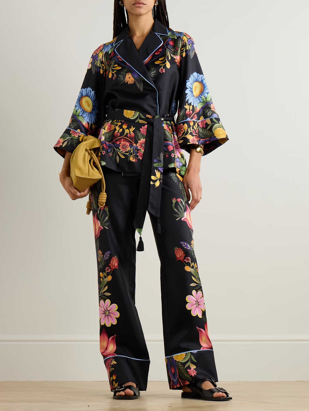 Exquisite Satin Floral Print Contrast Piping Wide-Leg Pants