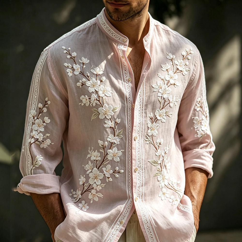 Men's Spring Cherry Blossom Art Embroidery Comfortable Cotton Linen Long Sleeve Cardigan Shirt