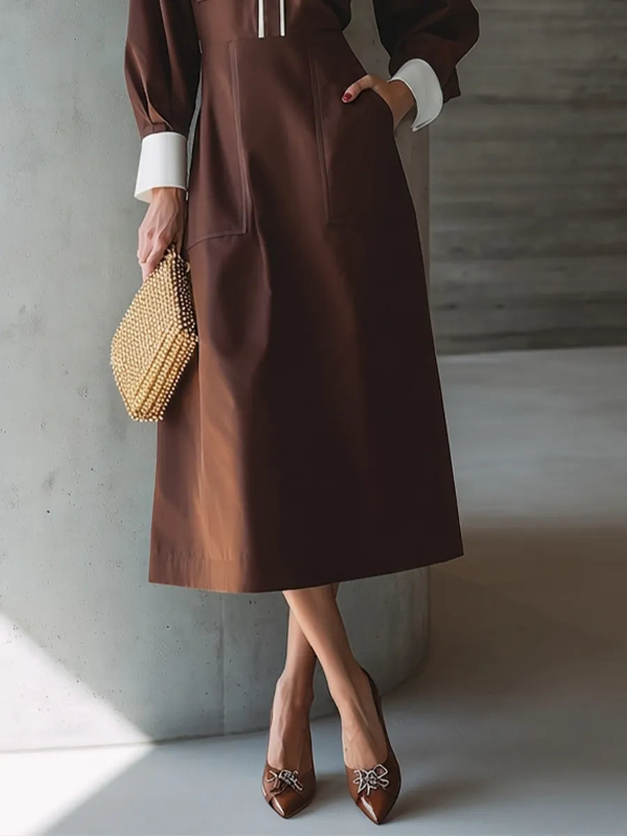 Women's Chocolate Brown Cotton Midi Shirt Dress With Contrast White Collar Cuffs & Double Chest Patch Pockets, Elegant Office Waisted Midi Dress MDZ1415G0LYL